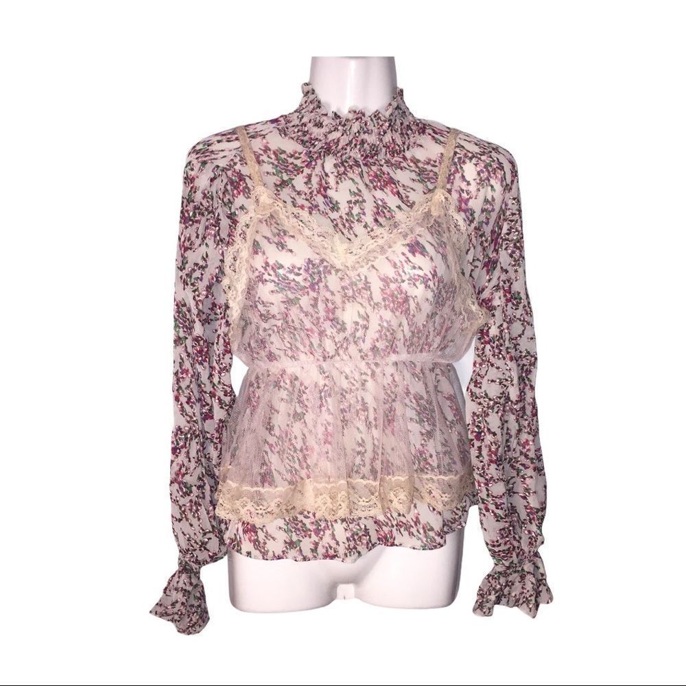 Floral Print Blouse + Lace Camisole